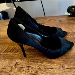 Black satin open toe pumps / size 8.5